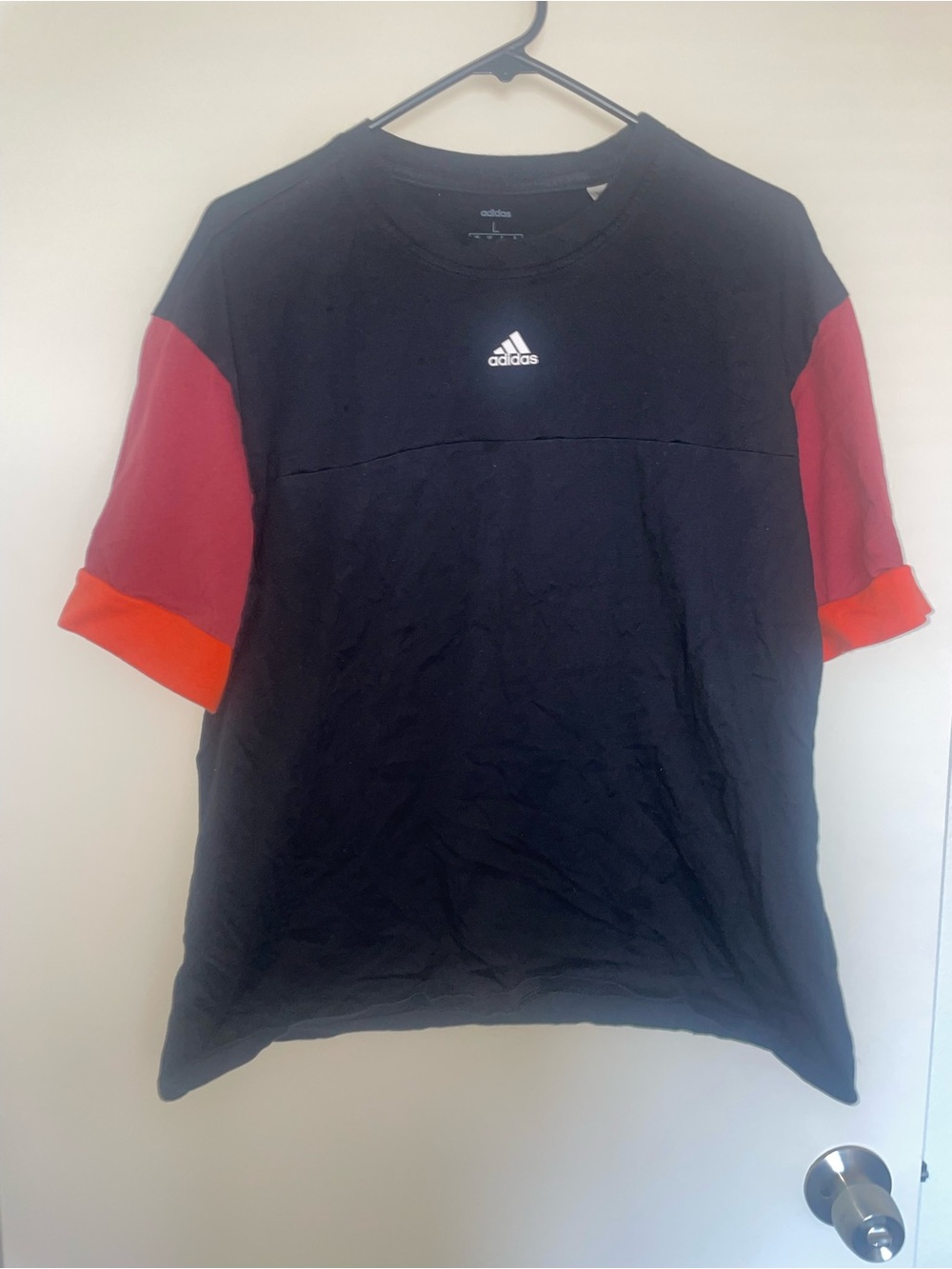 adidas Black Short-Sleeve Tee with Red and Orange Sleeve Panels